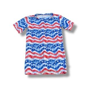 Bums & Roses Patriotic Shirt Girls 5/6Y Red‎ White Blue Star Stripe Short Sleeve